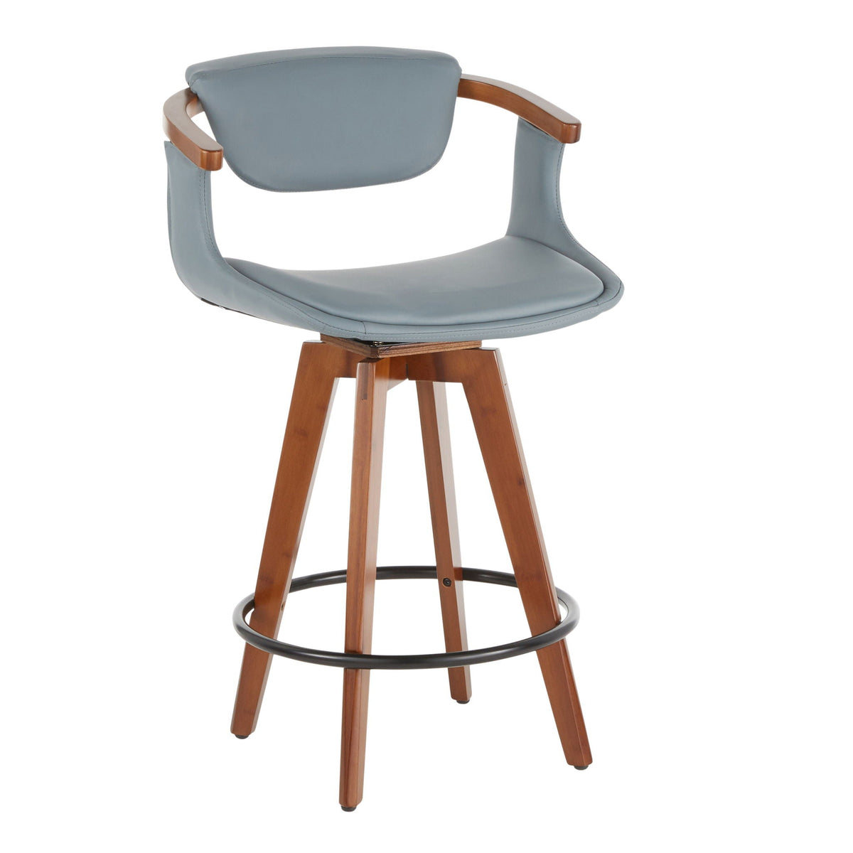 Mid Century Modern Counter Stool with Swivel Seat blue-gray upholstery and wooden legs on Tampa Home & Garden Store