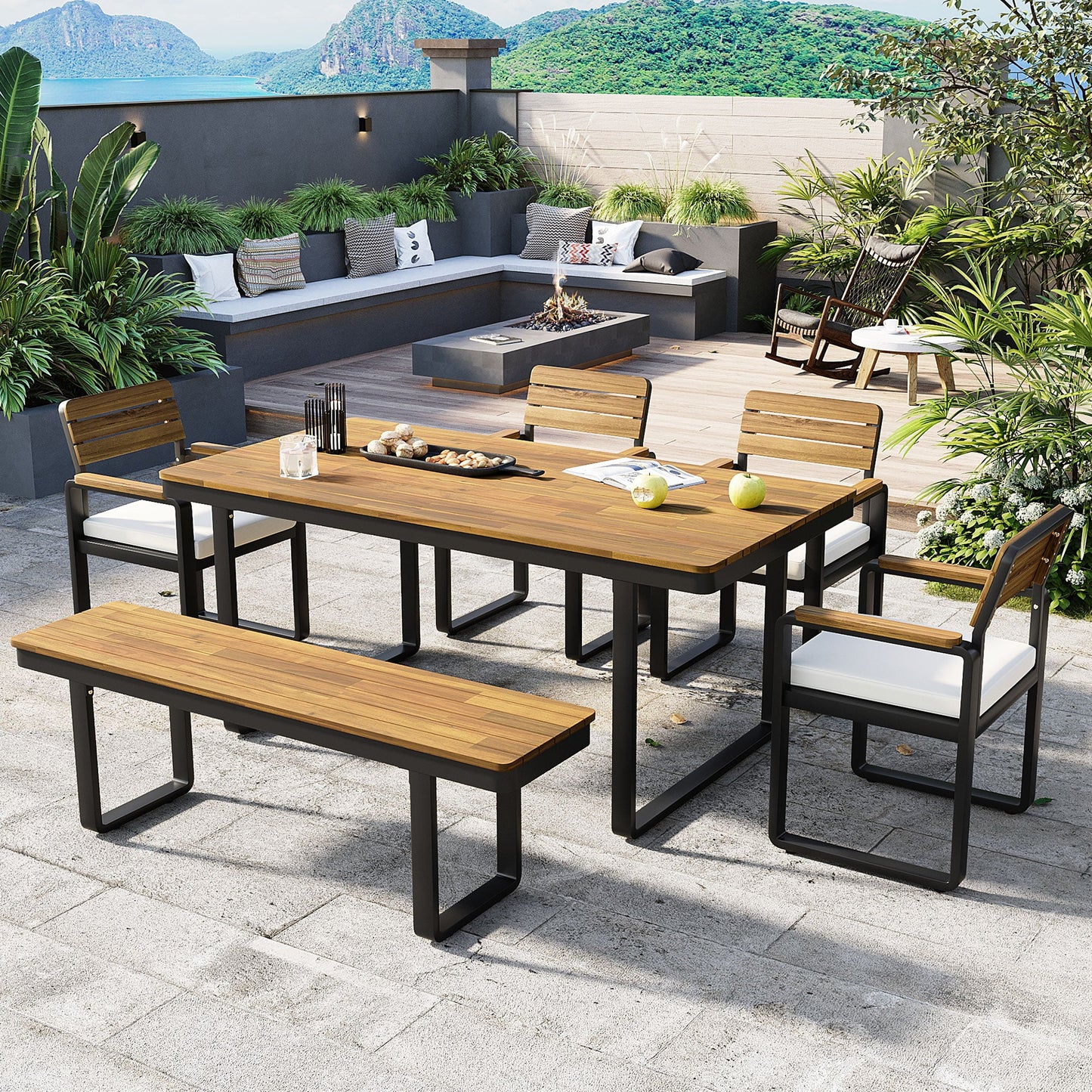 Acacia Wood Outdoor Dining Set and Bench Frame