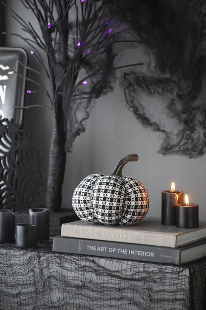Plaid pumpkin decor pair by Unique Piece Furniture; black checkered pumpkins on stack on Tampa Home & Garden Store