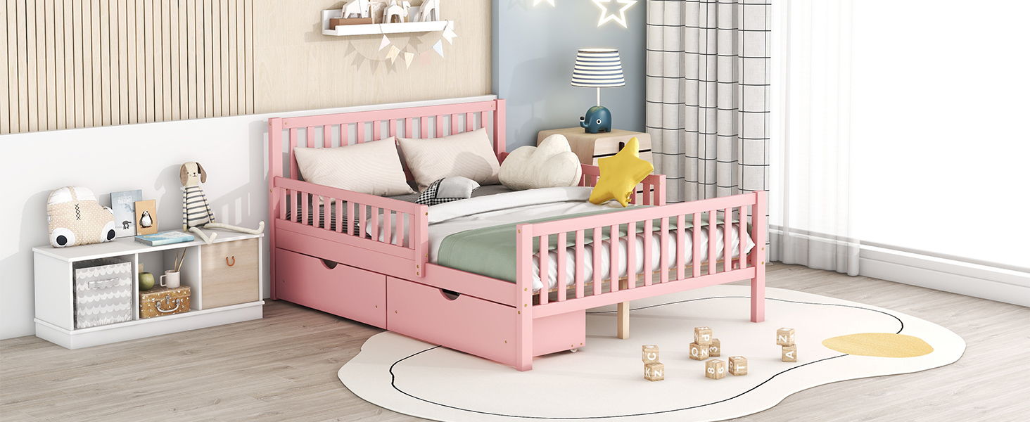 Platform bed with guardrails on both sides and two under-bed storage drawers, pink finish, by HouseOfZazla on Tampa Home & Garden Store