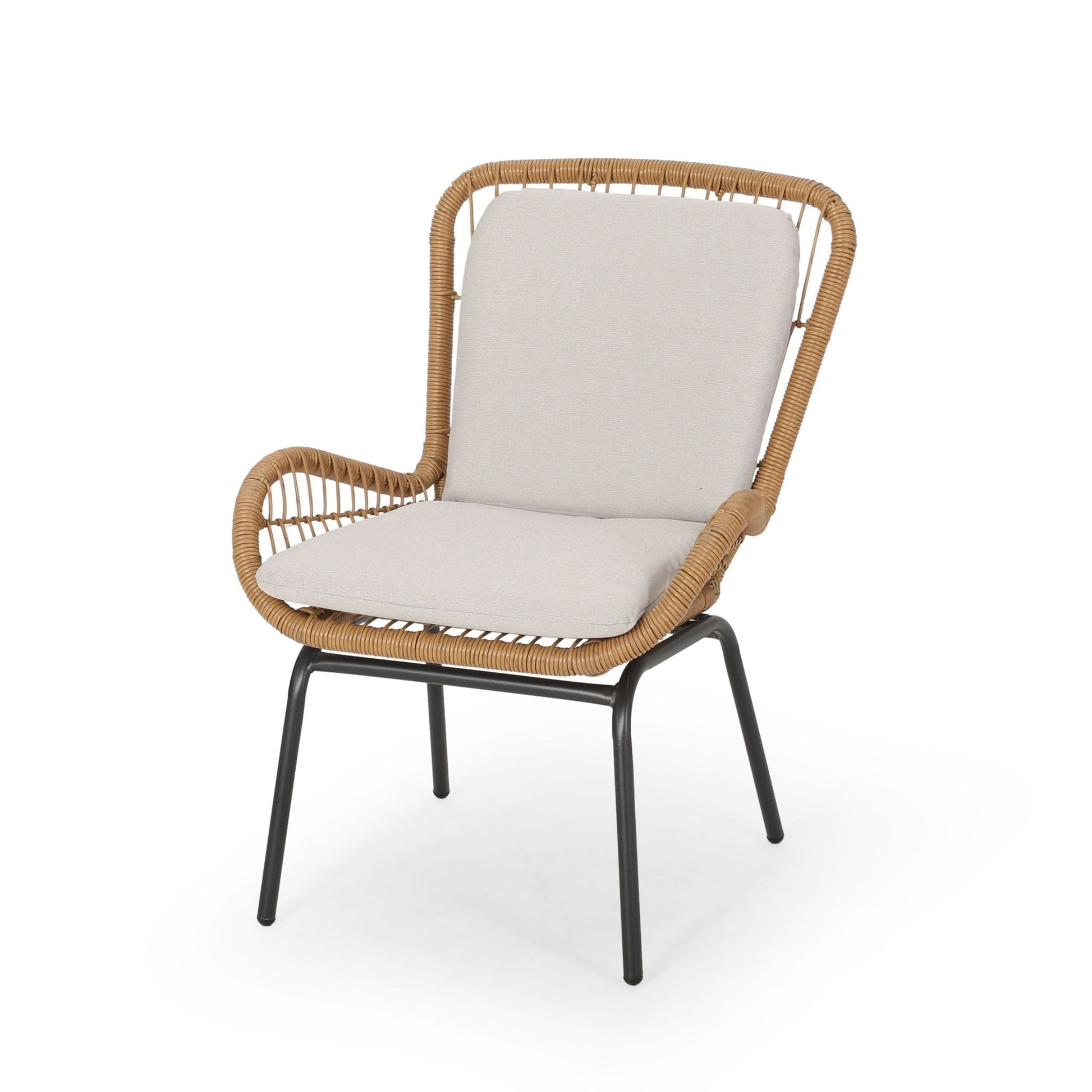 Outdoor wicker club chair with beige cushions, curved rattan frame and black metal legs on Tampa Home & Garden Store