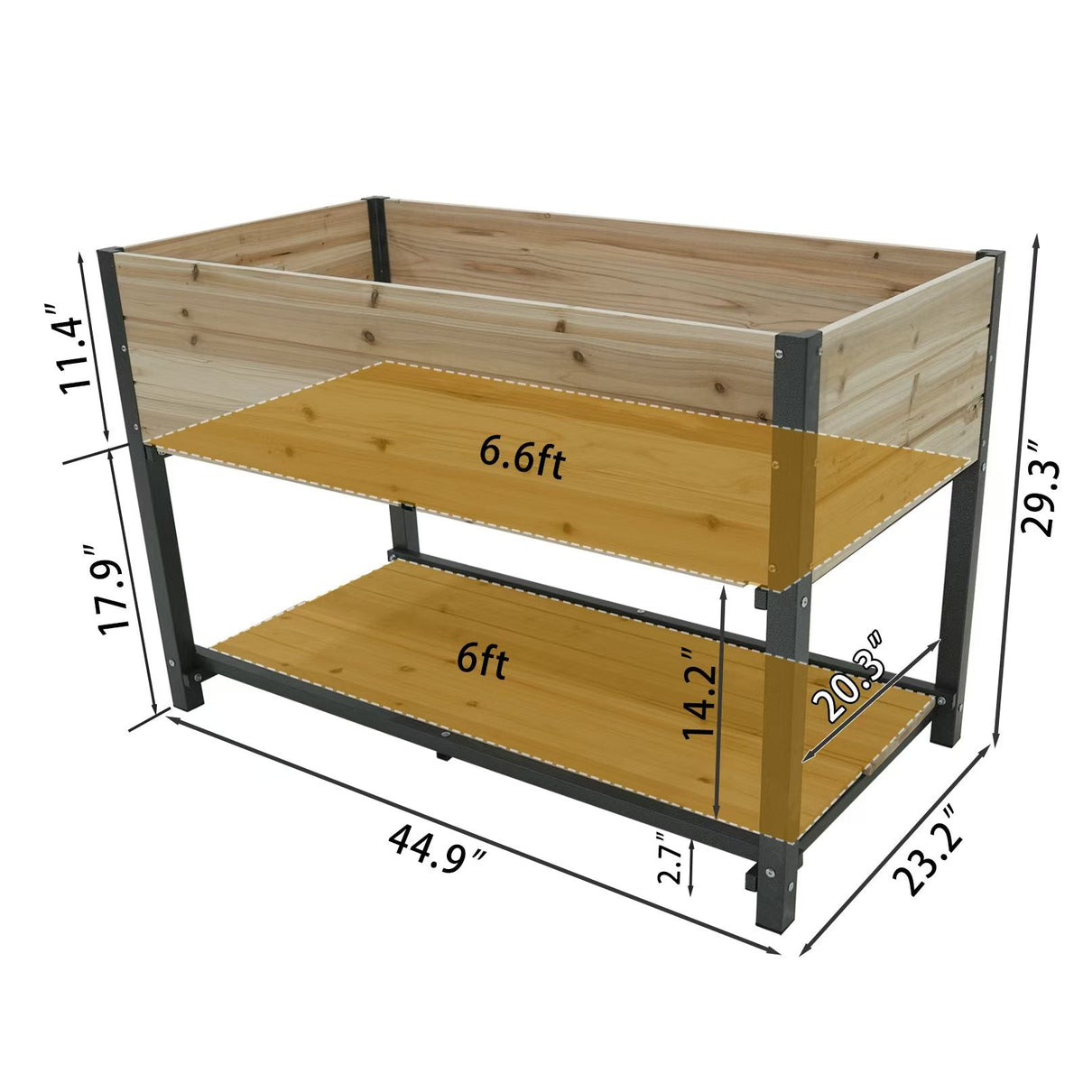 HouseOfZazla 45in iron-wood garden bed with storage racks, wood finish, metal frame on Tampa Home & Garden Store