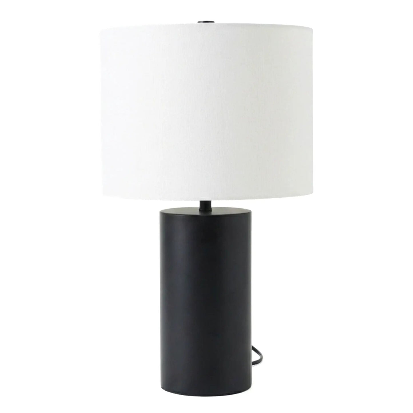 Aura table lamp with on/off switch, black block base and white fabric shade on Tampa Home & Garden Store