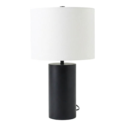 Aura table lamp with on/off switch, black block base and white fabric shade on Tampa Home & Garden Store