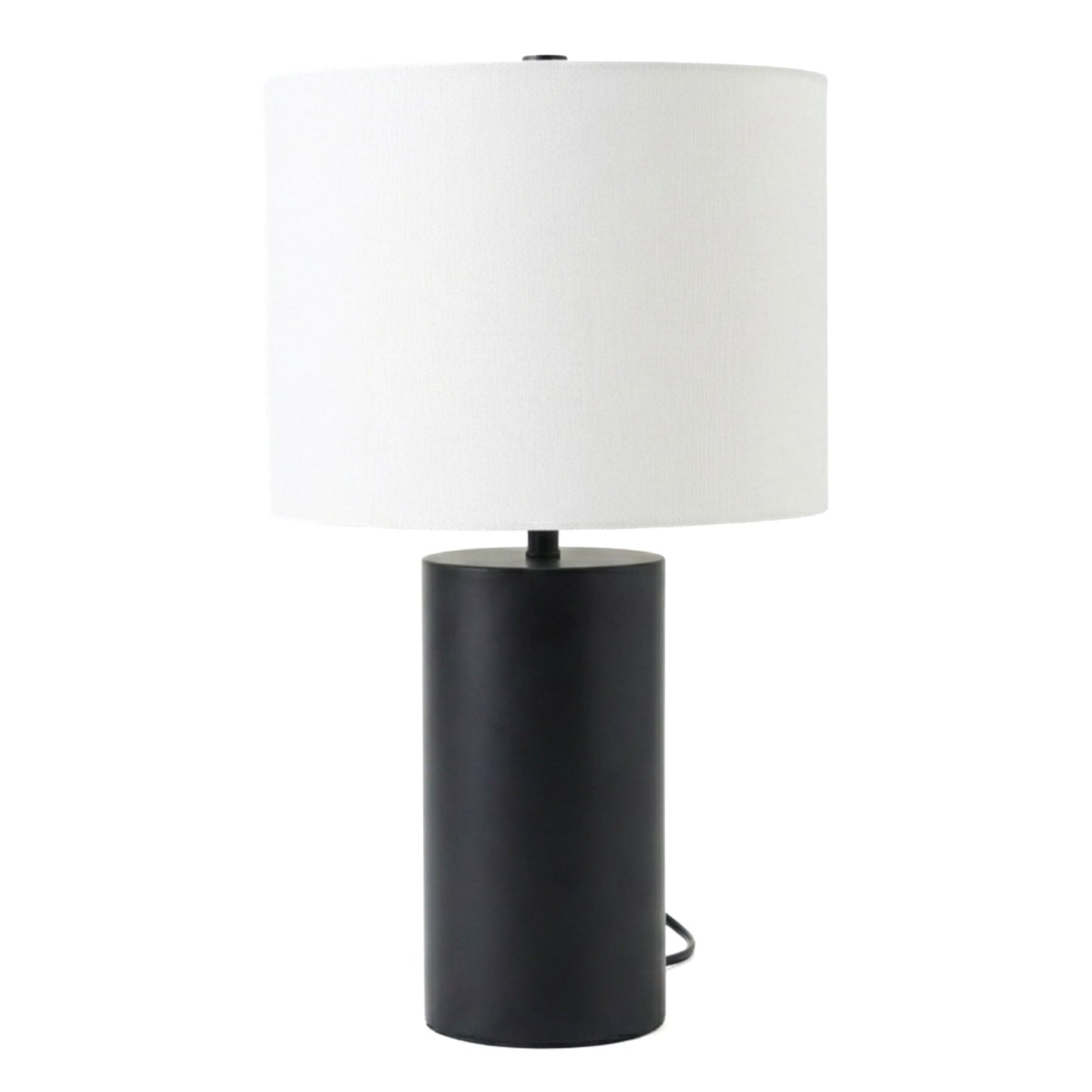 Aura table lamp with black cylindrical base and white fabric shade on Tampa Home & Garden Store