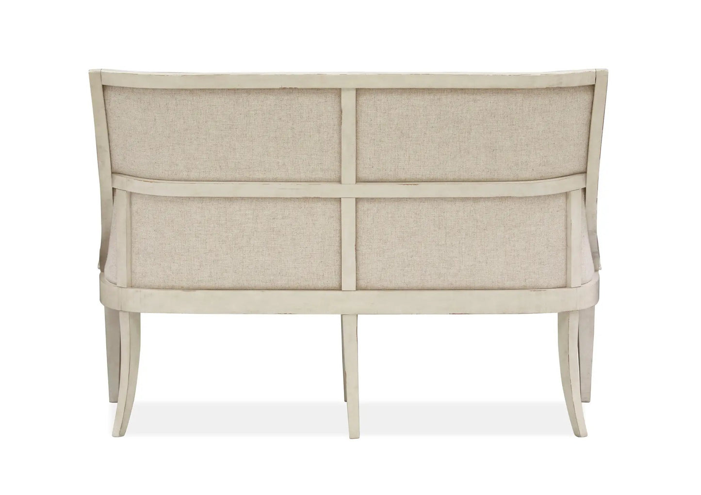 Newport upholstered bench back view with alabaster finish and linen fabric, curved ivory frame on Tampa Home & Garden Store