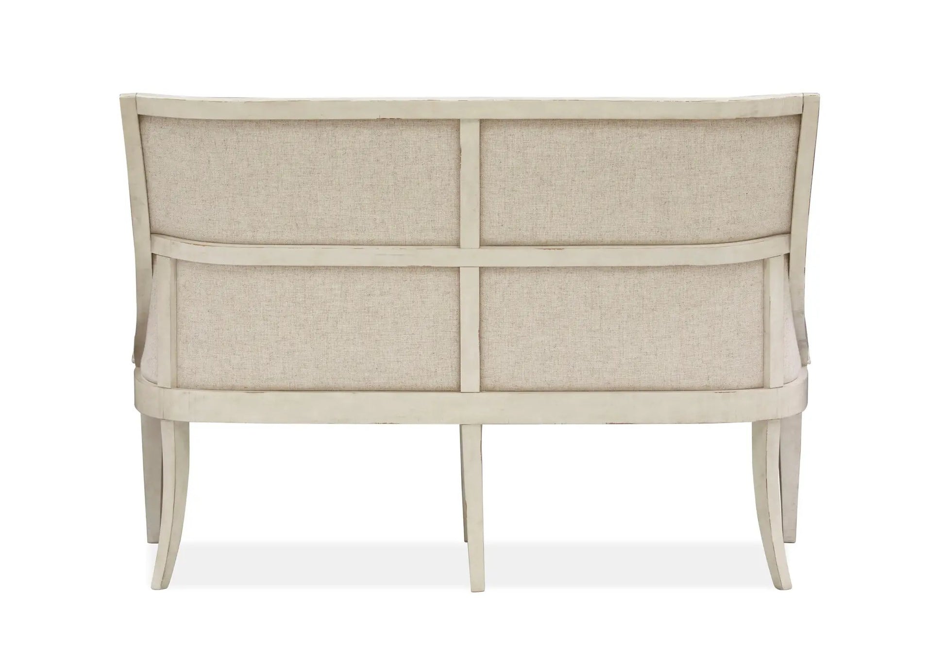 Newport upholstered bench back view with alabaster finish and linen fabric, curved ivory frame on Tampa Home & Garden Store