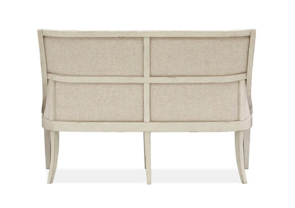 Newport upholstered bench back view with alabaster finish and linen fabric, curved ivory frame on Tampa Home & Garden Store