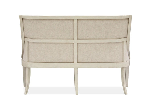 Newport upholstered bench back view with alabaster finish and linen fabric, curved ivory frame on Tampa Home & Garden Store