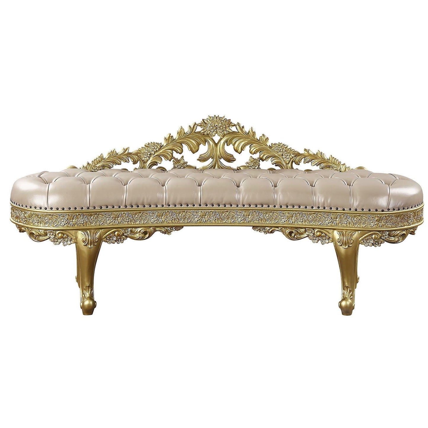 Cabriole synthetic leather bench with tufted beige-gold upholstery and ornate gold carved back on Tampa Home & Garden Store
