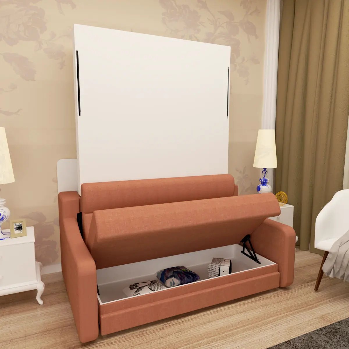 Vertical Murphy bed with orange sofa, white wall bed and storage by Unique Piece Furniture on Tampa Home & Garden Store