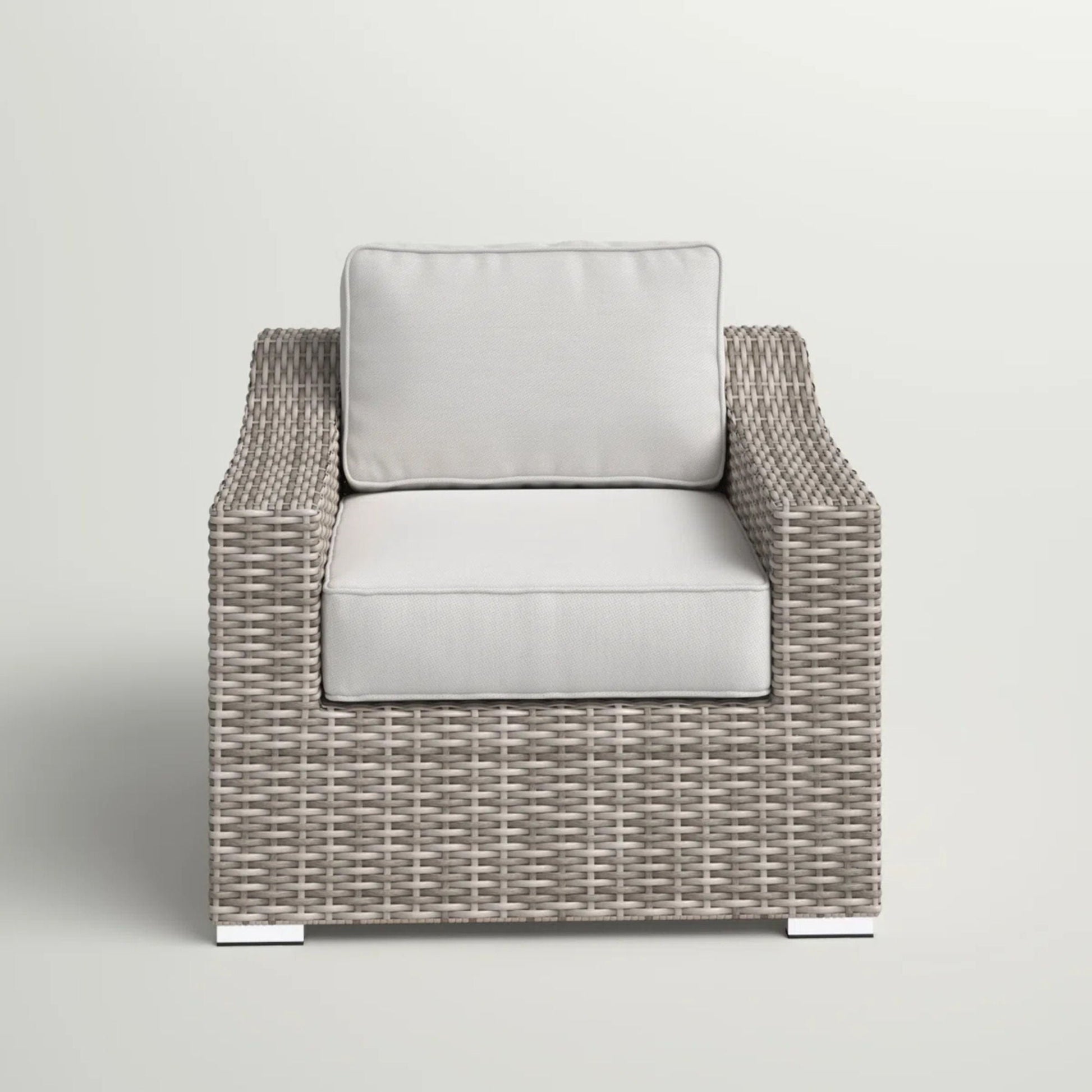 Patio Chair With Cushions, light gray cushions, taupe wicker frame outdoor arm chair on Tampa Home & Garden Store
