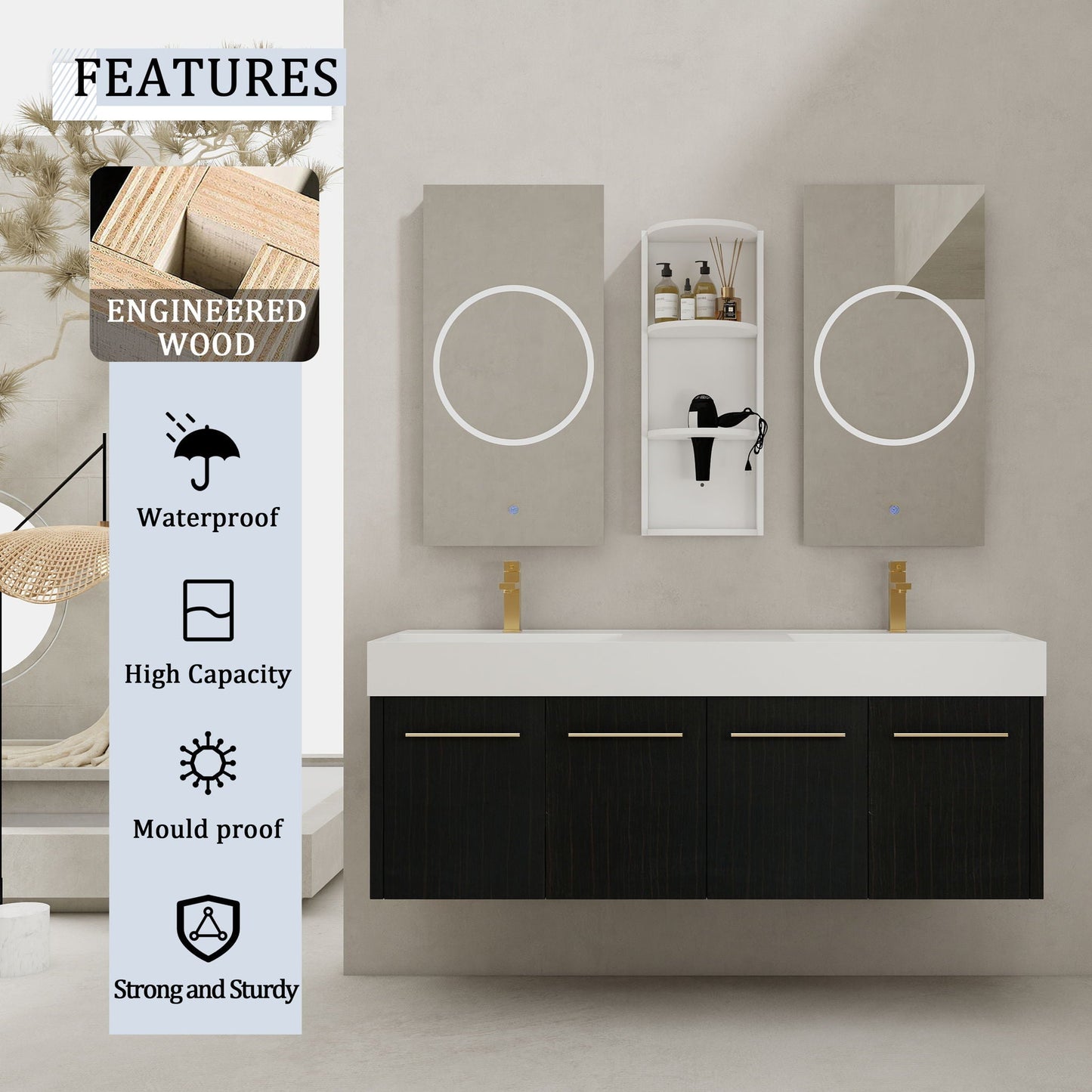 Modern wall mounted bathroom vanity with resin sink and storage rack by HouseOfZazla on Tampa Home & Garden Store