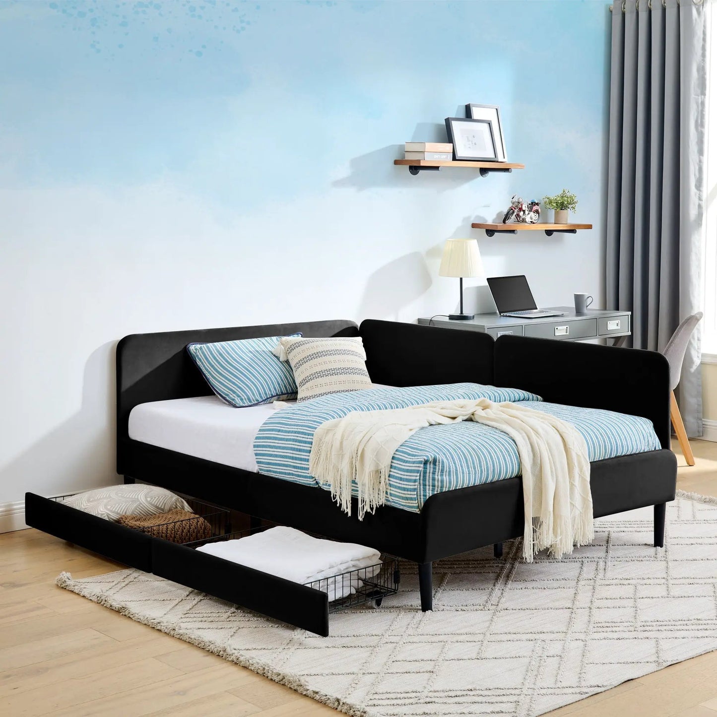 Upholstered Bed Frame With Drawers and Sofa Bed