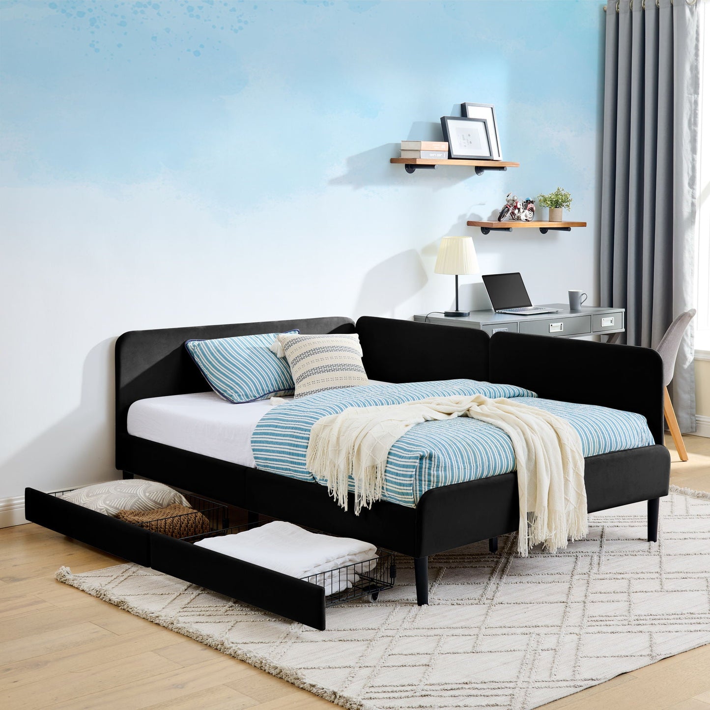 Upholstered Platform Sofa Bed with Drawers