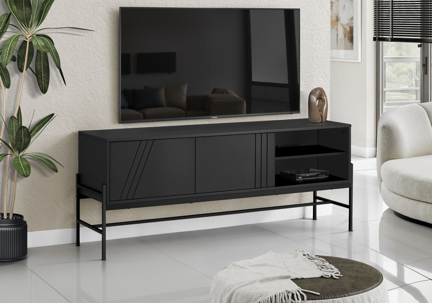 TV Stand, Modern Black Entertainment Console with storage cabinets and open shelf on Tampa Home & Garden Store
