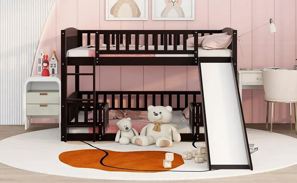Low Bunk Bed With Slide Fence and Ladder