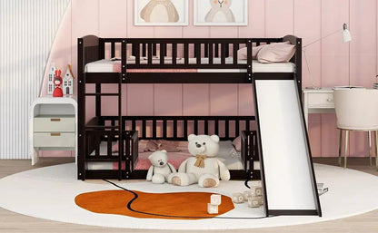 Low Bunk Bed With Slide Fence and Ladder
