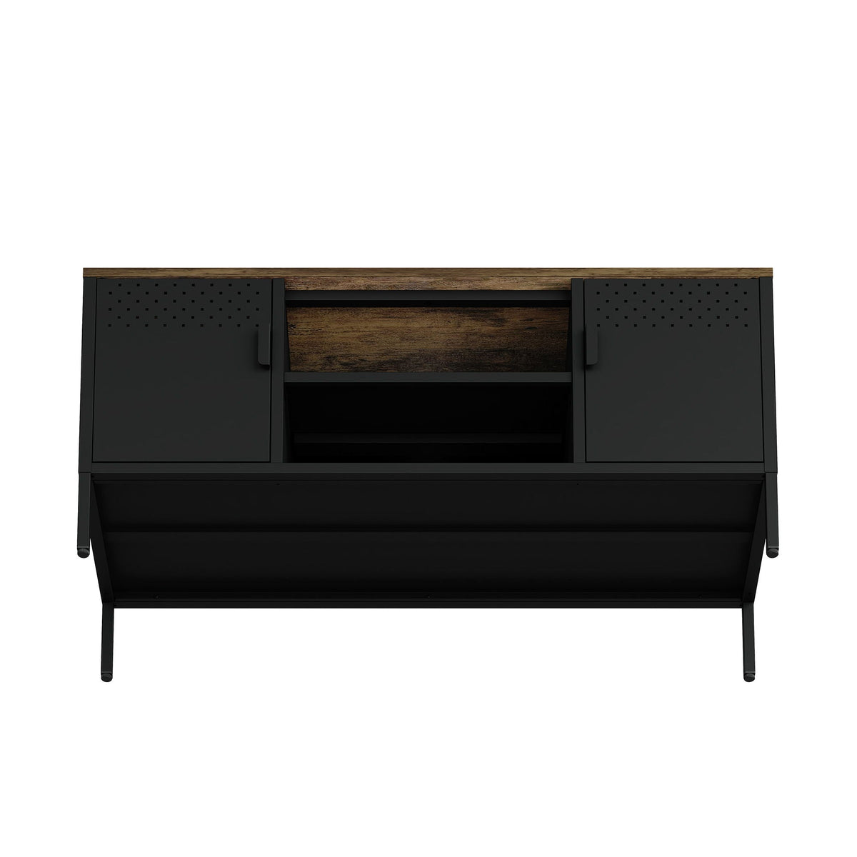 Storage TV stand with steel frame and wood top, black finish, dual cabinets on Tampa Home & Garden Store