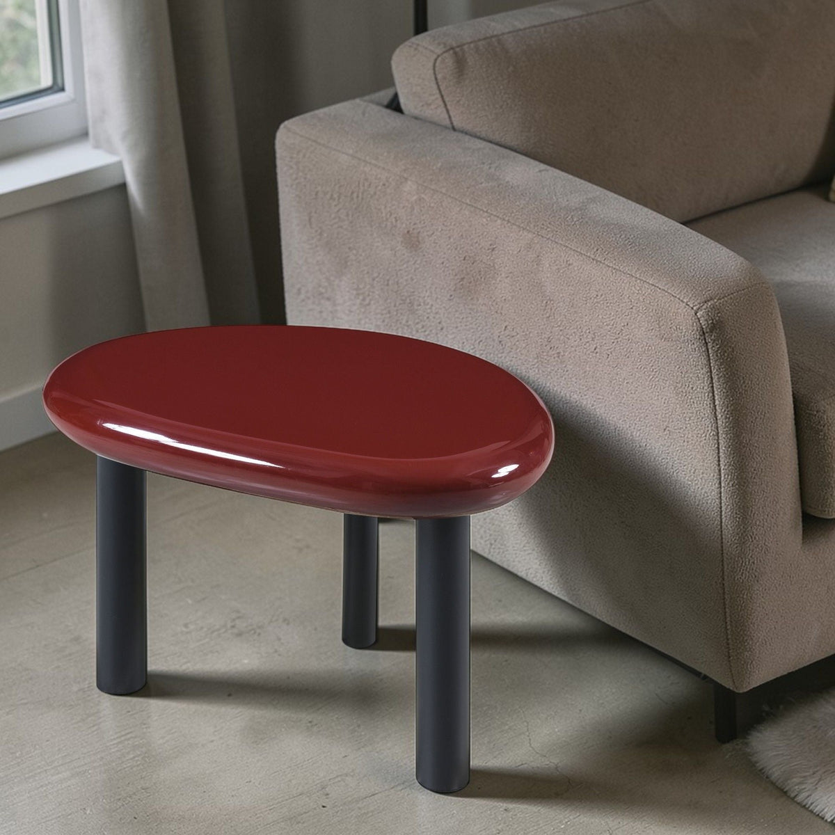 Red End Table Eddie with high-gloss finish, oval red top, dark legs, HouseOfZazla on Tampa Home & Garden Store