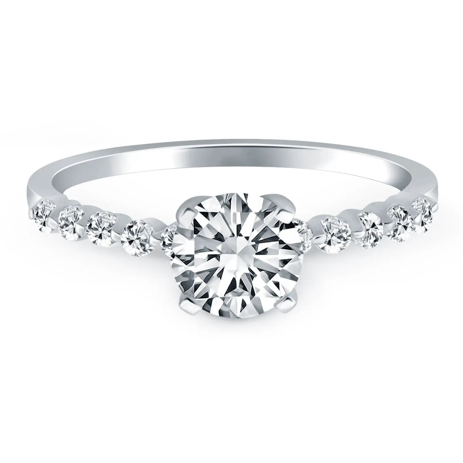 14k white gold diamond engagement ring with round center diamond and shared prong accents on Tampa Home & Garden Store