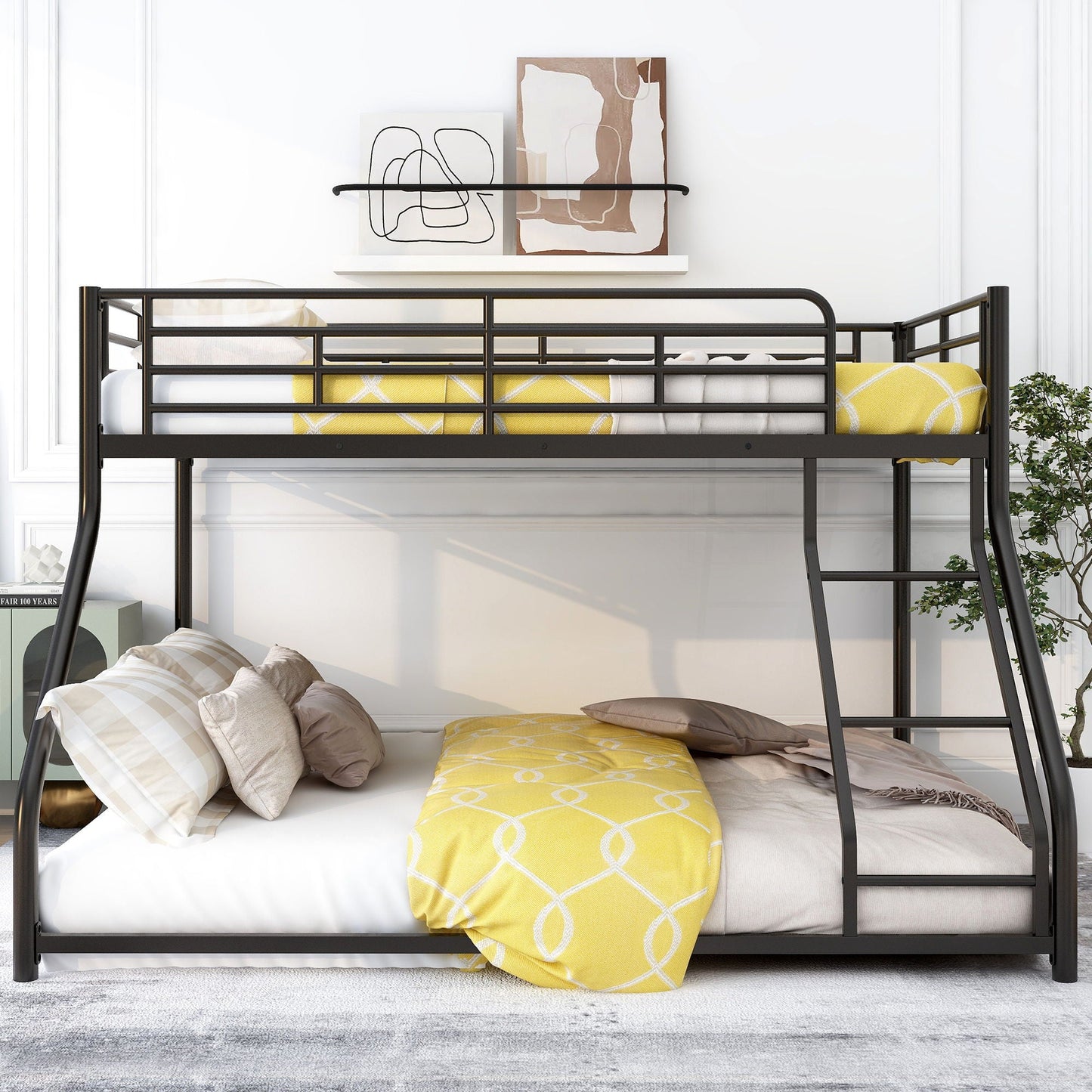 Metal floor bunk bed with black metal frame and sloped ladder, space-saving design on Tampa Home & Garden Store