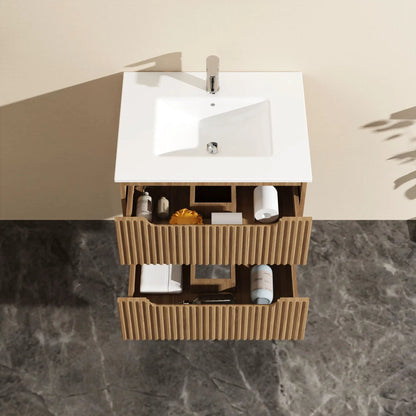24in wall-mount walnut bathroom vanity cabinet with white top and chrome faucet, open shelf on Tampa Home & Garden Store