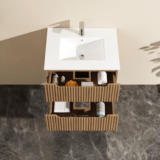 24in wall-mount walnut bathroom vanity cabinet with white top and chrome faucet, open shelf on Tampa Home & Garden Store