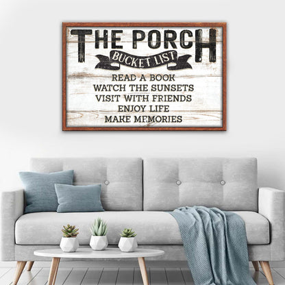 The Porch Bucket Sign canvas wall art with rustic whitewashed wood and brown frame on Tampa Home & Garden Store