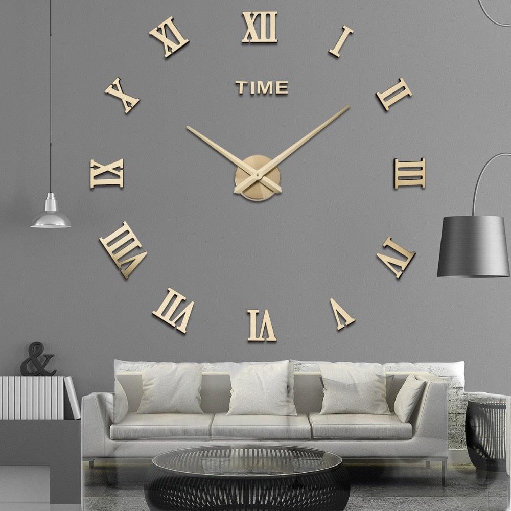 3D acrylic mirror wall clock with gold Roman numerals and frameless design for living area on Tampa Home & Garden Store