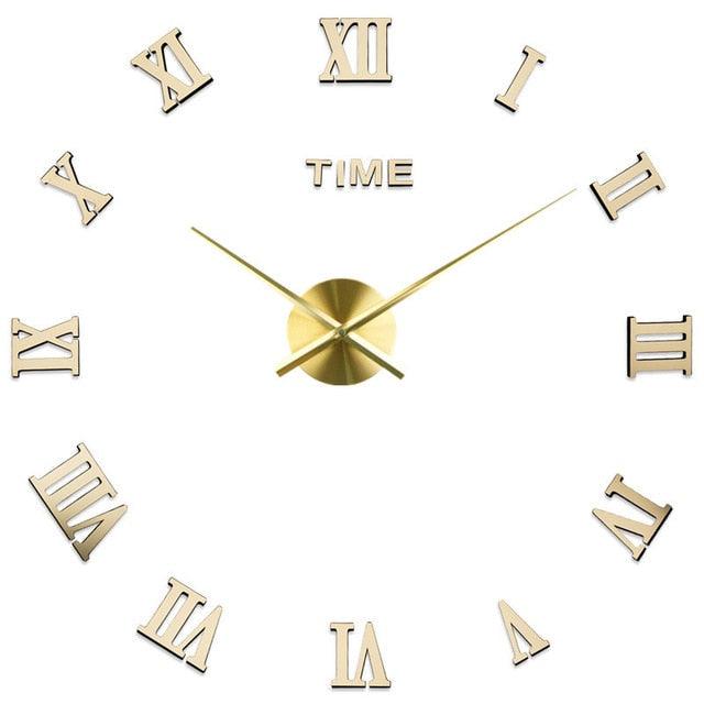 3D acrylic mirror wall clock with gold Roman numerals and hands, Stevvex STCC666DGH frameless on Tampa Home & Garden Store