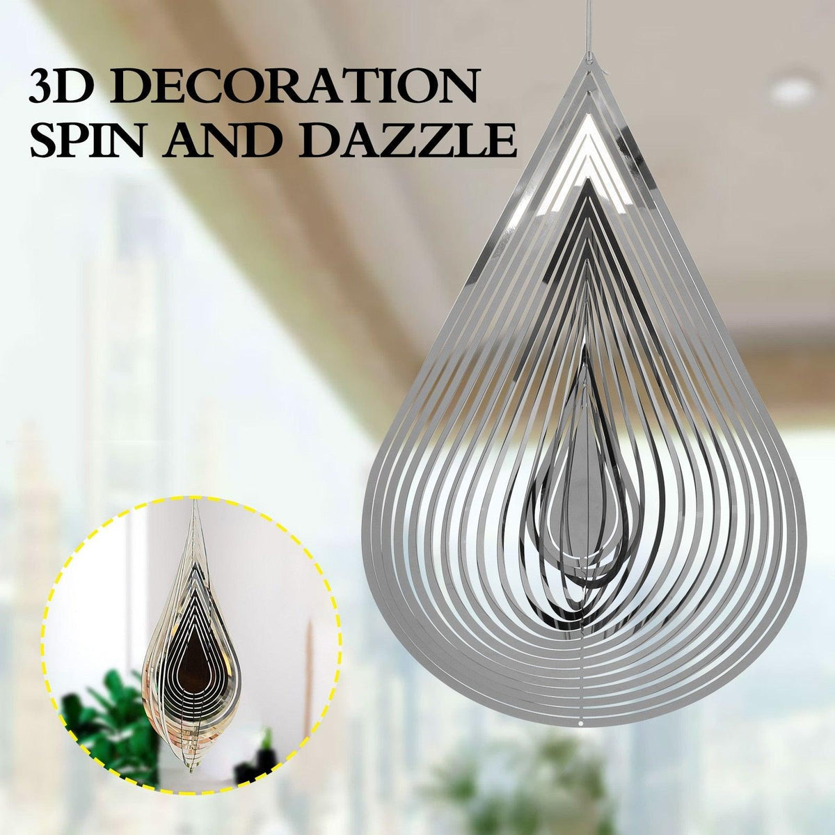3D drop wind spinner, rotating stainless steel teardrop with mirrored bands; two wind spinners on Tampa Home & Garden Store