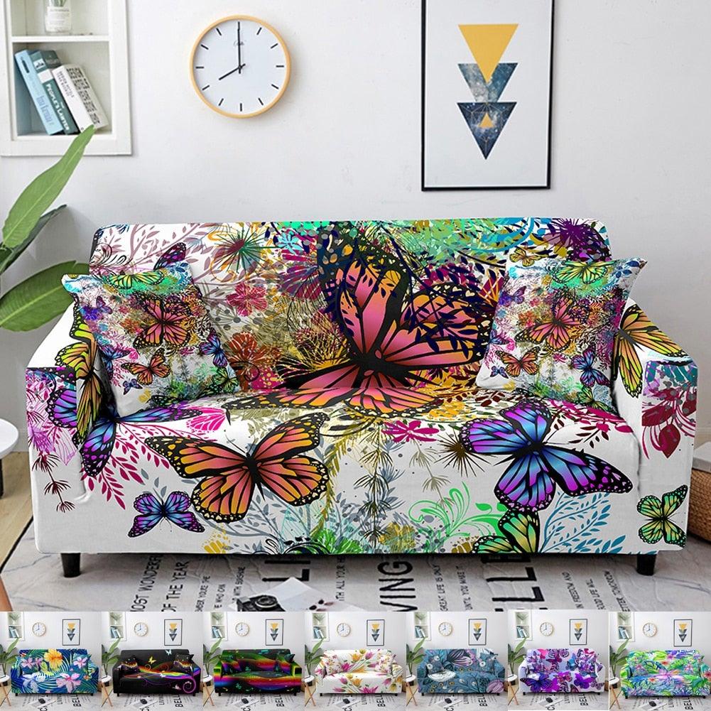 Stevvex butterfly sofa cover for 2/3 seater, vibrant 3D butterfly print on stretch fabric on Tampa Home & Garden Store