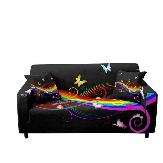Stevvex 3D butterfly sofa slipcover for 2/3 seater, black with butterfly print and 2 cushions on Tampa Home & Garden Store