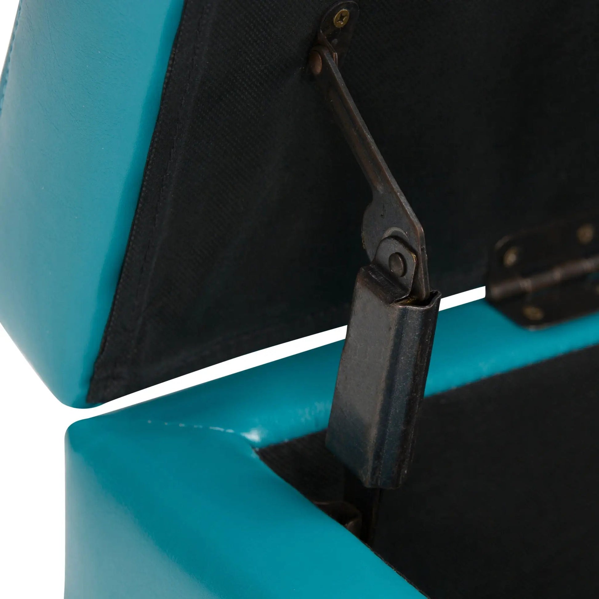 Hamilton Upholstered Storage Ottoman turquoise exterior with black interior and leather hardware on Tampa Home & Garden Store