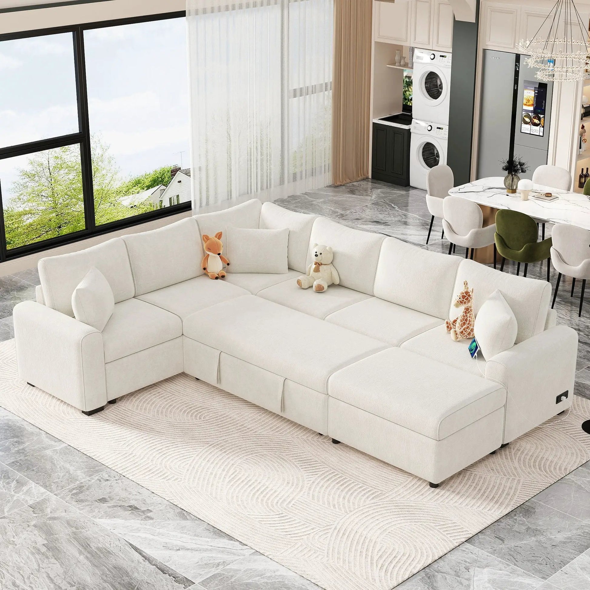 Sectional sleeper sofa in cream with storage ottoman and three pillows, charging devices on Tampa Home & Garden Store