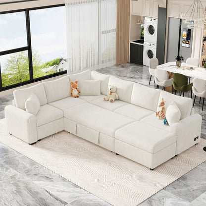 Sectional sleeper sofa in cream with storage ottoman and three pillows, charging devices on Tampa Home & Garden Store
