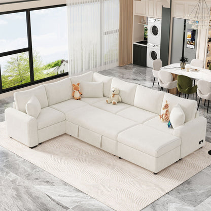 Sleeper sectional sofa with storage ottoman, white fabric, pillows and charging devices on Tampa Home & Garden Store