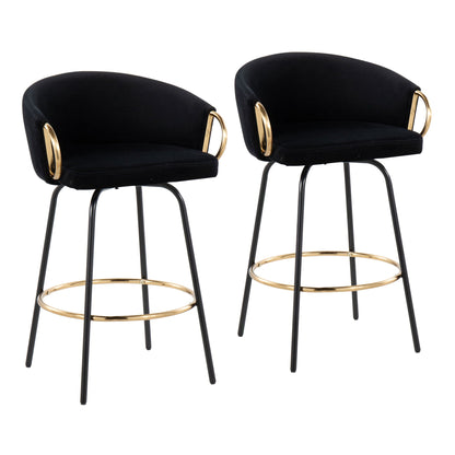 Set of 2 contemporary glam counter stools with black upholstered seats, gold ring arms and footrests on black metal legs on Tampa Home & Garden Store