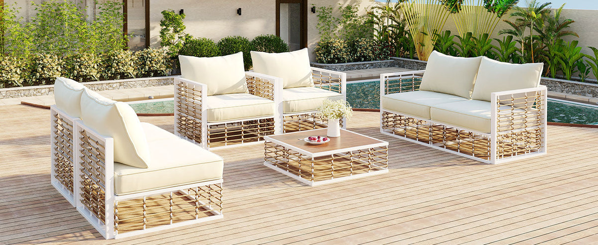 TOPMAX 7-Piece Metal Patio Sectional Sofa Set, white frame with cream cushions and woven sides on Tampa Home & Garden Store