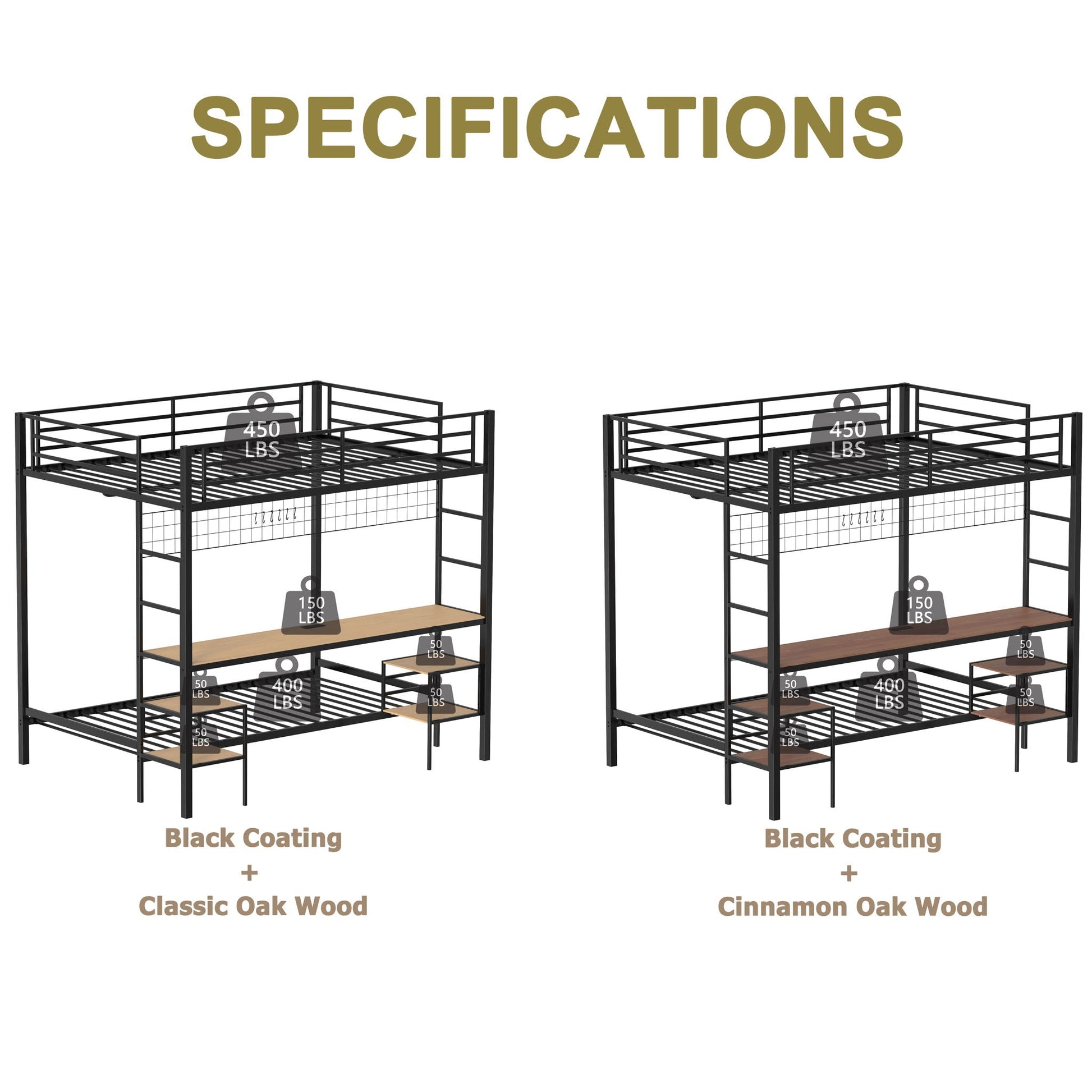 Two Ethan bunk beds with desks, charging station and shelves in black coating on Tampa Home & Garden Store