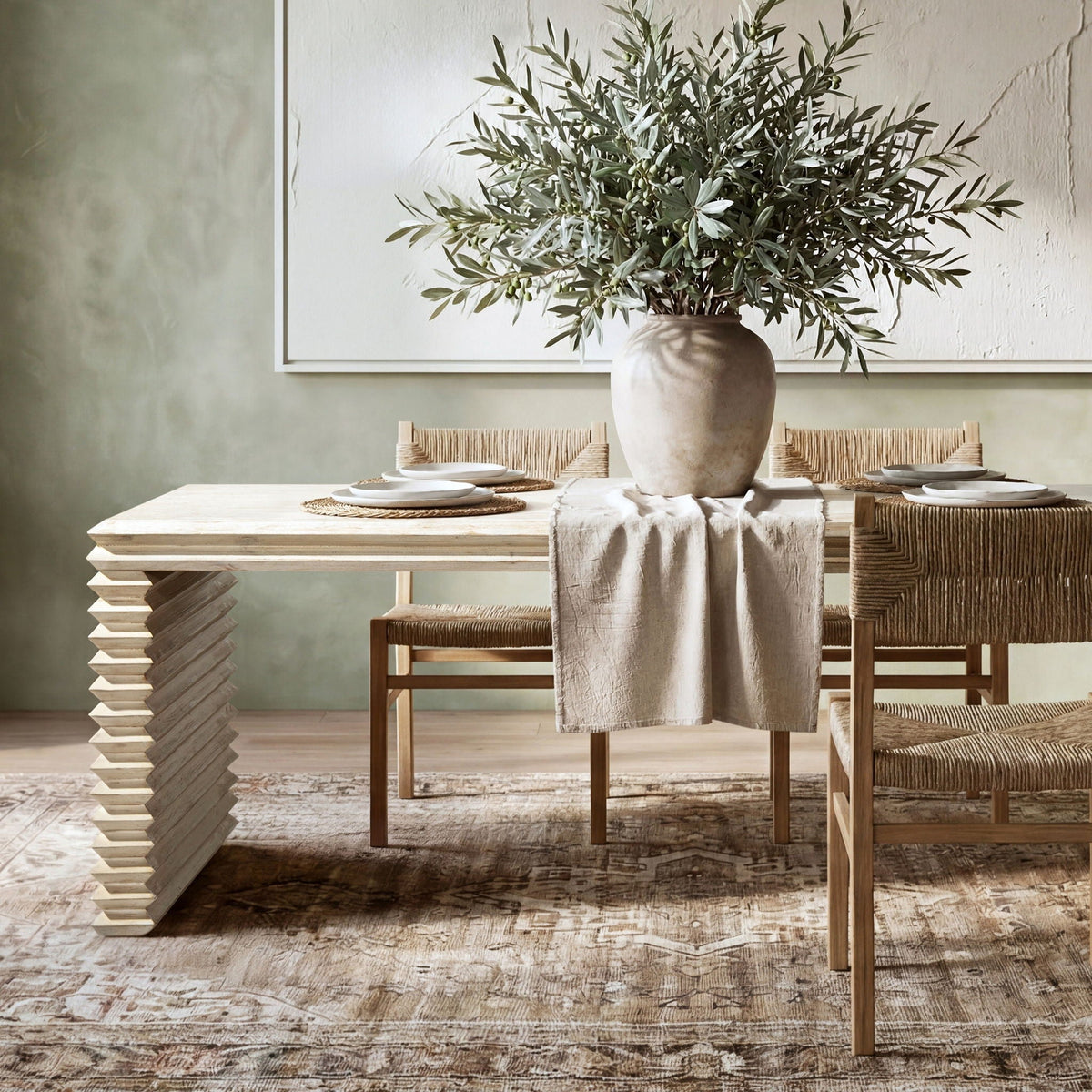 Geometric Waterfall Dining Table with Sculptural Base in White, stepped wooden pedestal on Tampa Home & Garden Store