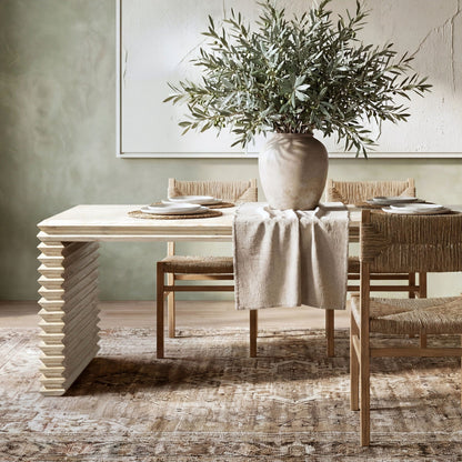 Geometric Waterfall Dining Table with Sculptural Base in White, stepped wooden pedestal on Tampa Home & Garden Store