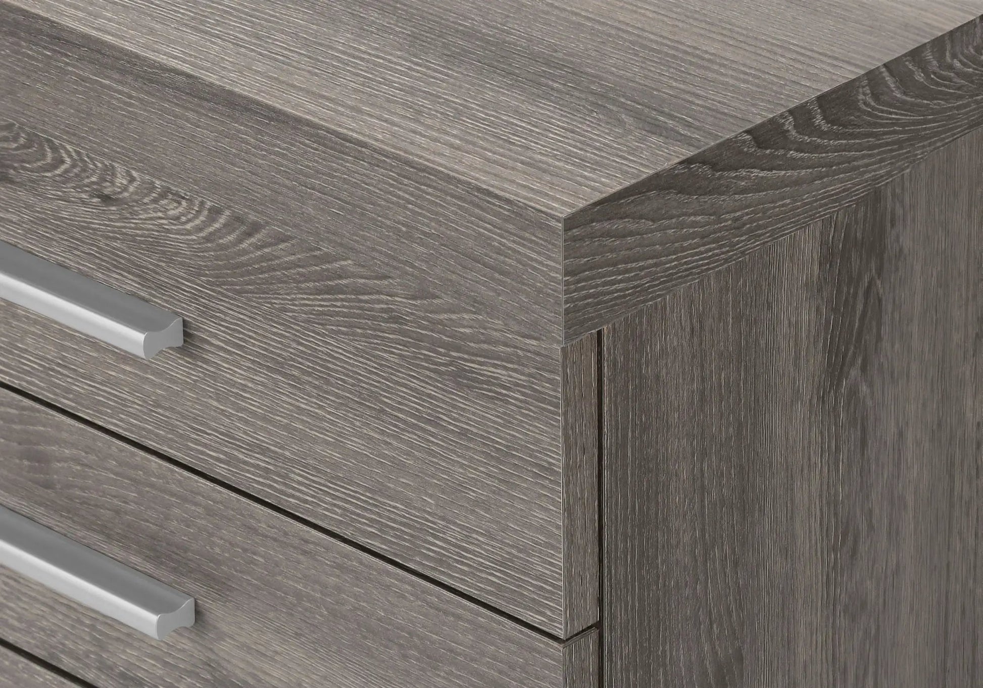 Filing cabinet with grey wood-grain finish and silver handle, storage drawers on Tampa Home & Garden Store