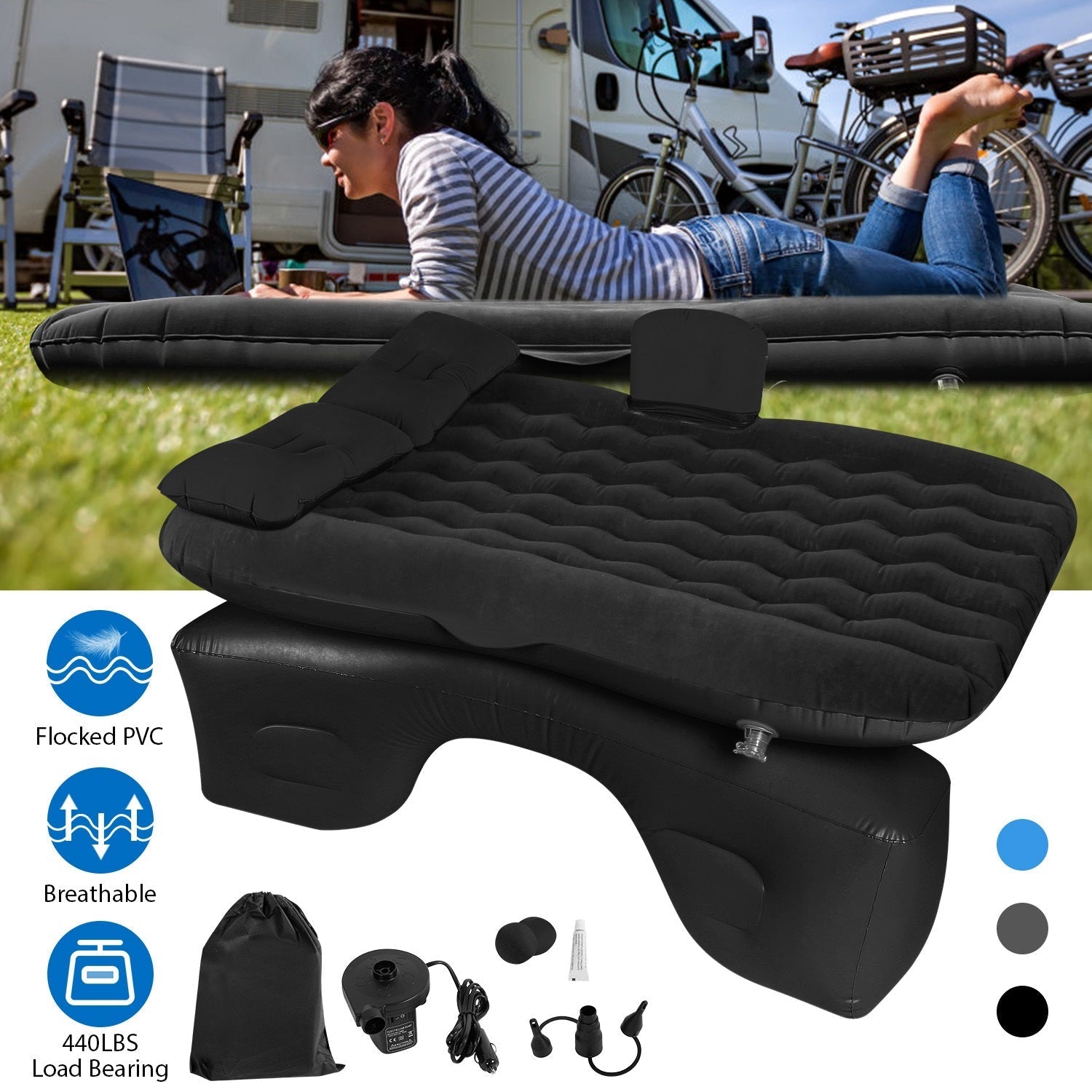GemGear black car air mattress bed for travel with flocked PVC surface and valve on Tampa Home & Garden Store
