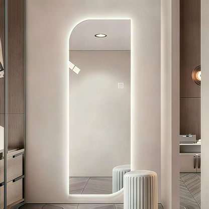 Irregular shape silver LED full-length wall mirror with 3-color dimmable lighting in a white room on Tampa Home & Garden Store