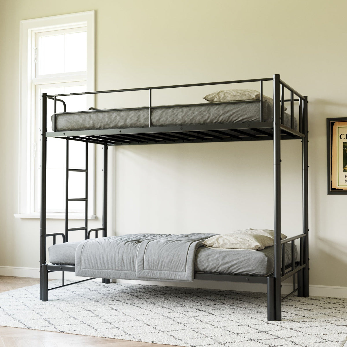 Twin size metal bunk bed with pull-out lower bed, black iron frame and ladder by HouseOfZazla on Tampa Home & Garden Store