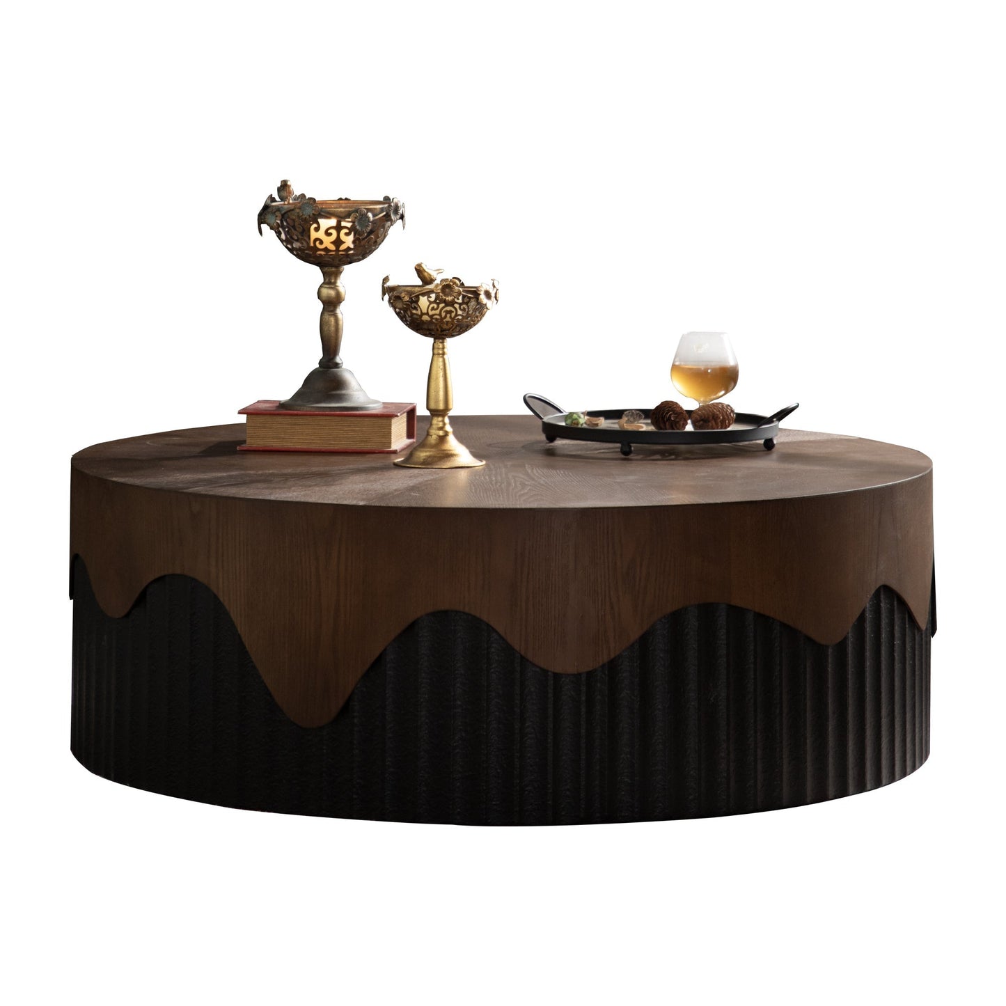 38.97' round handcrafted coffee table in dark wood with decorative brass candleholders on top on Tampa Home & Garden Store