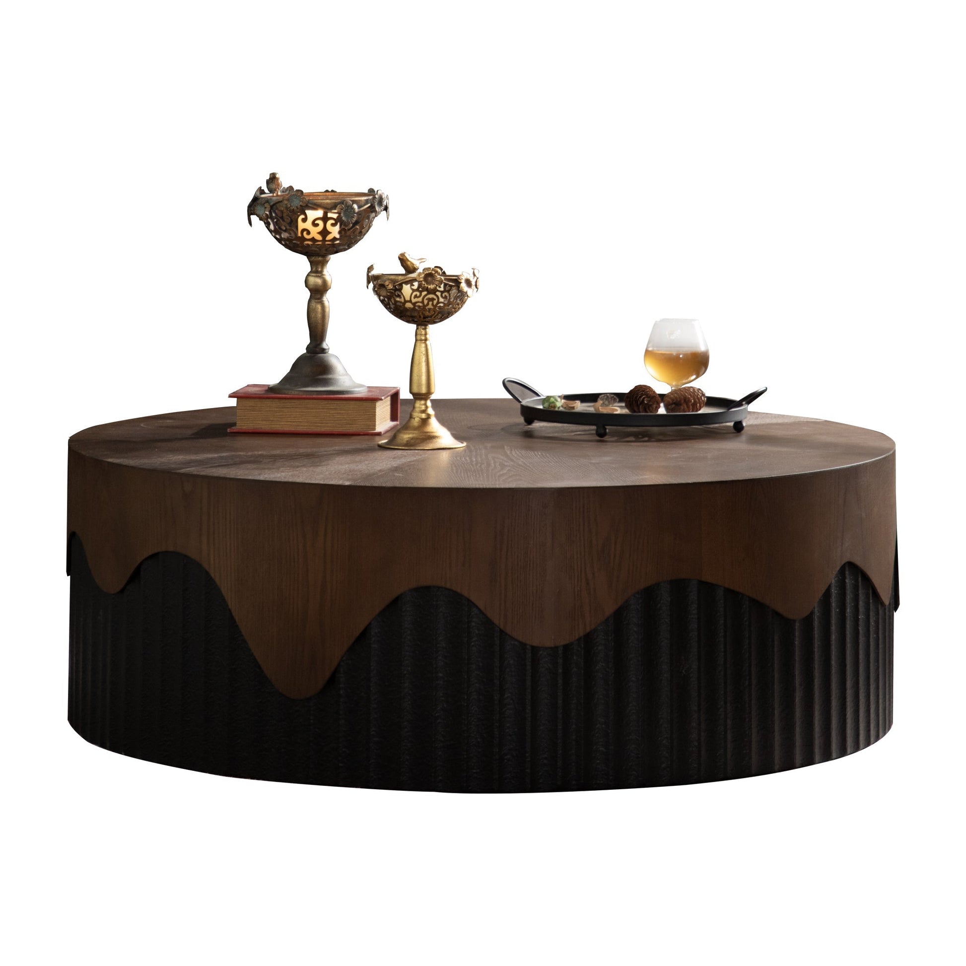 38.97' round handcrafted coffee table in dark wood with decorative brass candleholders on top on Tampa Home & Garden Store