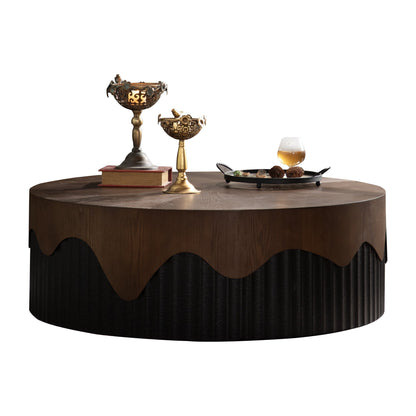 38.97' round handcrafted coffee table in dark wood with decorative brass candleholders on top on Tampa Home & Garden Store